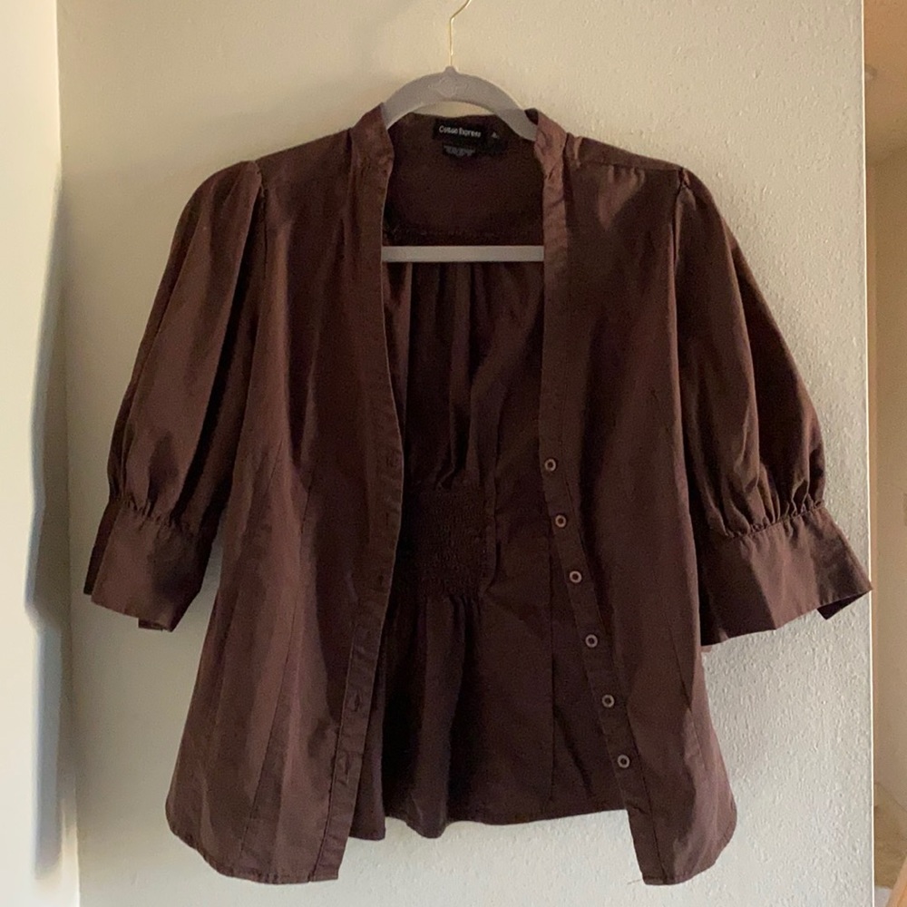 Cotton Express Brown mandarin collar button down